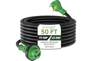 RVGUARD 30 Amp 50 Foot RV Power Extension Cord, Heavy Duty STW Cord with LED Power Indicator and Cord Organizer, 30 Amp Male Standard to 30 Amp Female Locking Connector, Green, ETL Listed