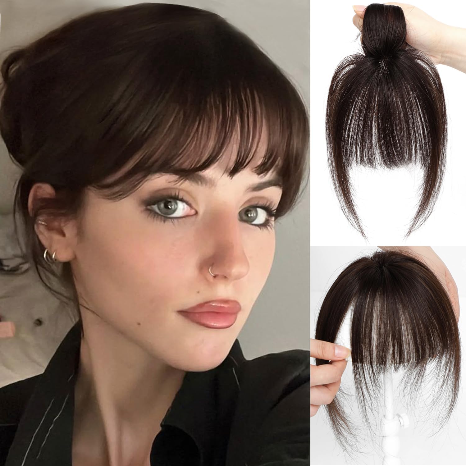 SEA SINGING Clip in Bangs Real Human Hair Extensions Air Bangs Hairpiecesfor Thinning Hair Women Real Hair 360°Clip on Bangs for Daily Wear Dark Brown