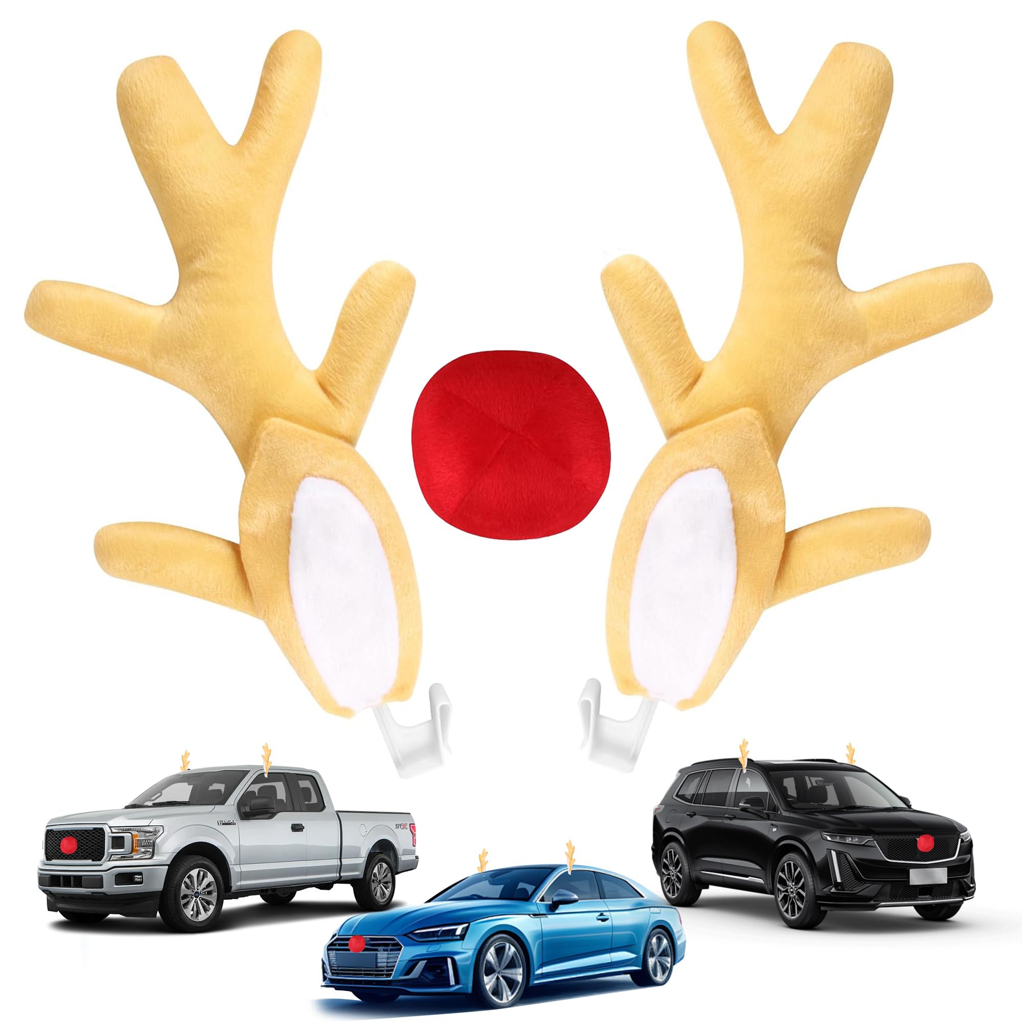 BASIKER Christmas Reindeer Car Kit Antlers, Car Christmas Decorations, Reindeer Red-Nosed Ears Antlers Christmas Car Set, Funny Universal Decor Exterior Vehicle Car Accessories