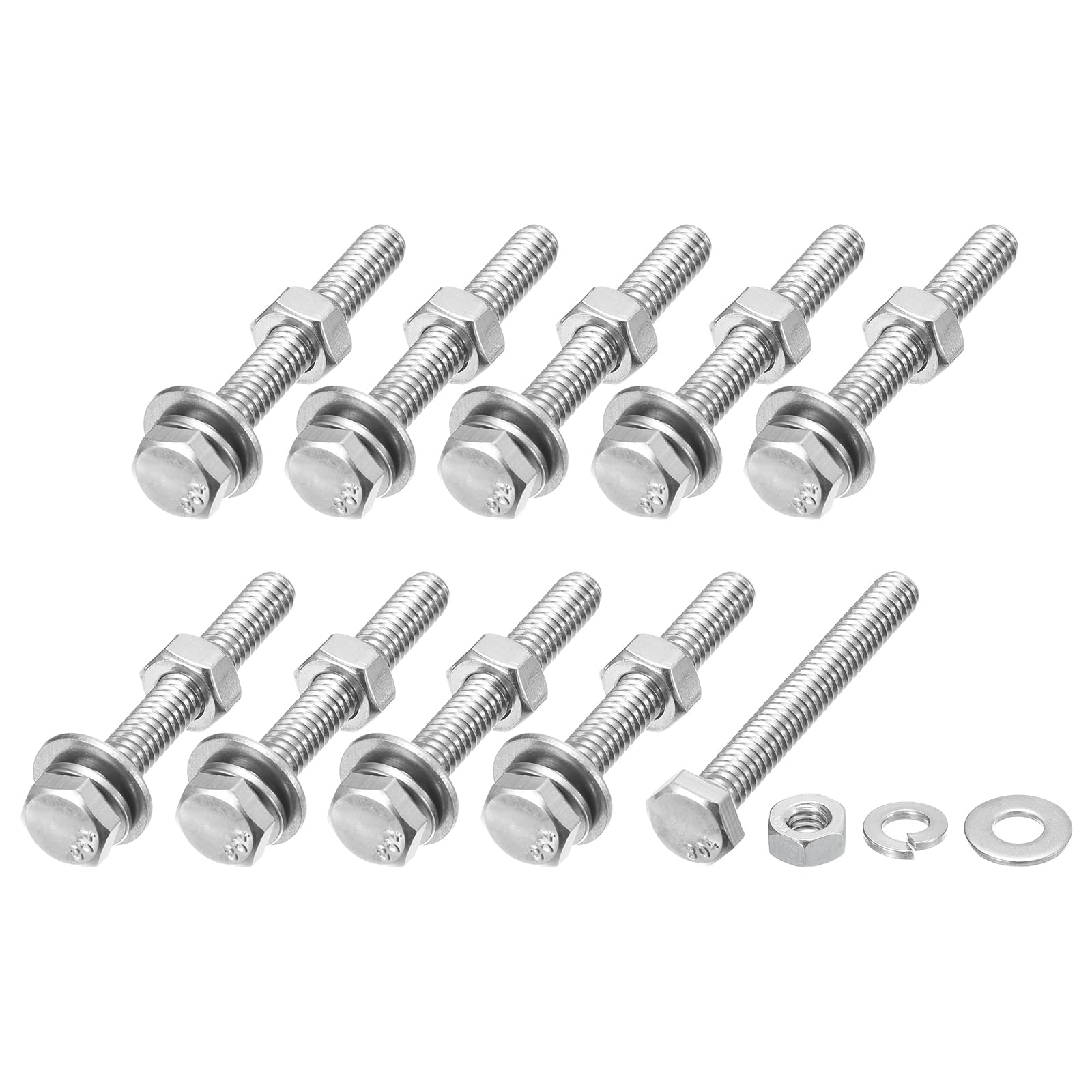 METALLIXITY Hex Head Screws Bolts, Nuts, Flat & Lock Washers Kits (1/4-20x2") 10 Set, Stainless Steel Fully Threaded Machine Screws Bolt Set - for Home Appliance Equipment