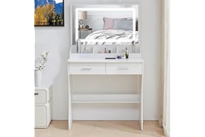 Caulitar Vanity Desk with Mirror and Lights, White Makeup Vanity Set with 2 Drawers, Girls Vanity Table for Bedroom
