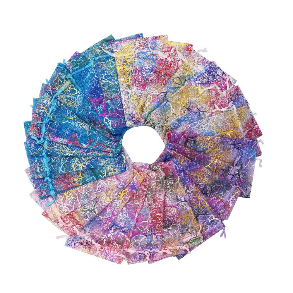 SumDirect 100Pcs Mixed Color Coral Pattern Organza Bags Wedding Party Gift Favor Bag Jewelry Pouches for Christmas (10x15cm)…