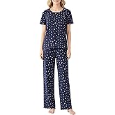EUZ Pointelle Ditsy Floral Pajama Set for Women - 2 Piece Short Sleeve & Wide Leg Loungewear Pants Size XS - XXL