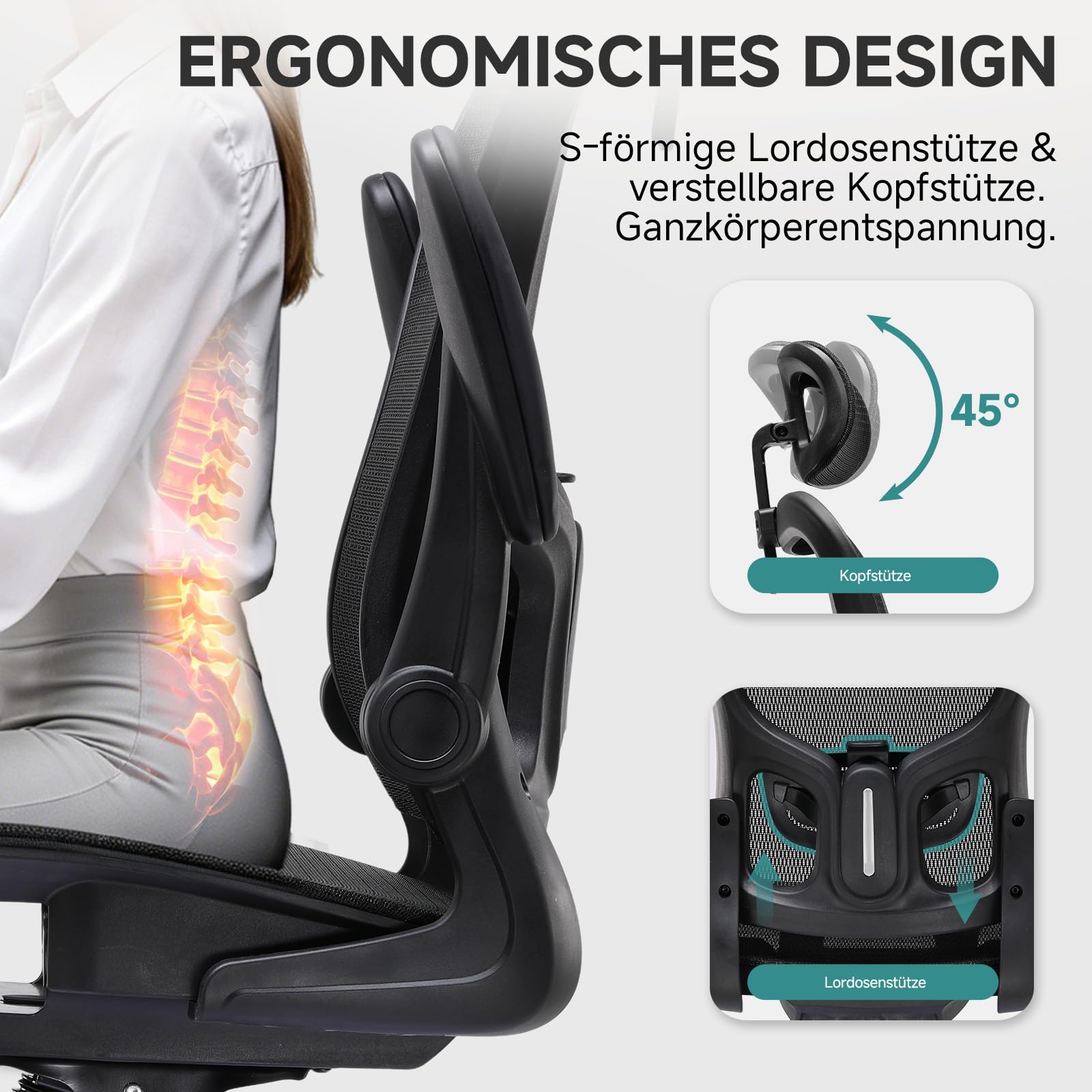 COMHOMA Bürostuhl, Schreibtischstuhl, ergonomischer Netzstuhl, mit doppellagigem Netzgewebe, atmungsaktiv, Adaptive Lendenstütze, verstellbare Kopfstütze, für Homeoffice, Drehstuhl 150 kg, Schwarz 5