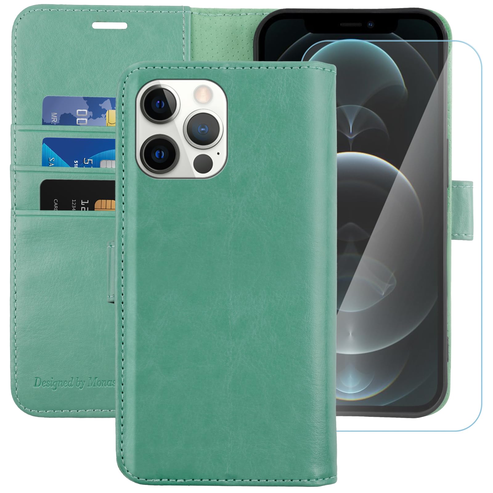 Photo 1 of MONASAY Wallet Case Compatible for iPhone 12 Pro/iPhone 12 5G,6.1-inch [Glass Screen Protector Included] [RFID Blocking] Flip Folio Leather Cell Phone Cover with Credit Card Holder, Mint