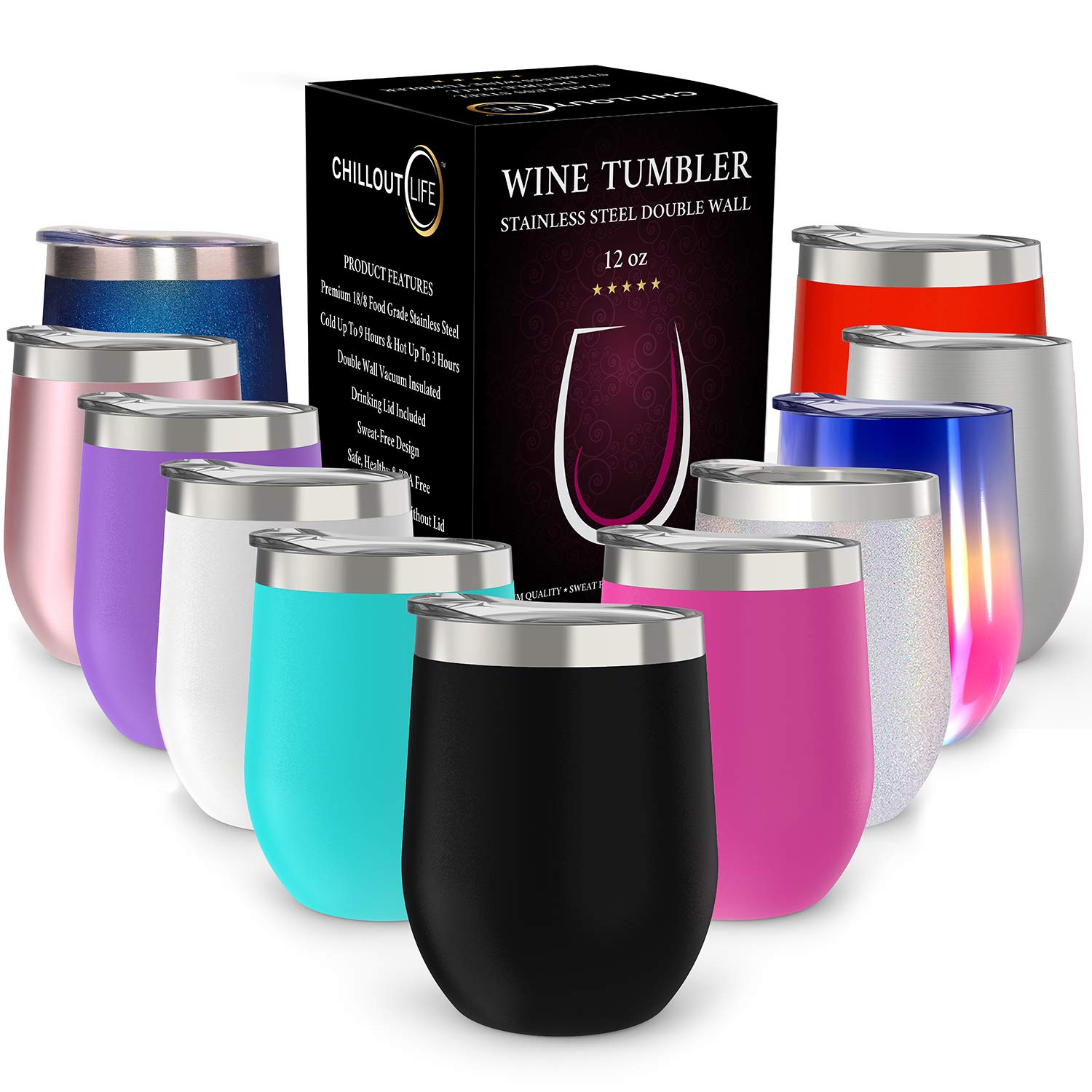 CHILLOUT LIFE 12 oz Stainless Steel Tumbler with Lid - Wine Tumbler Double Wall Vacuum Insulated Travel Tumbler Cup for Coffee, Wine, Cocktails, Ice Cream — image 1