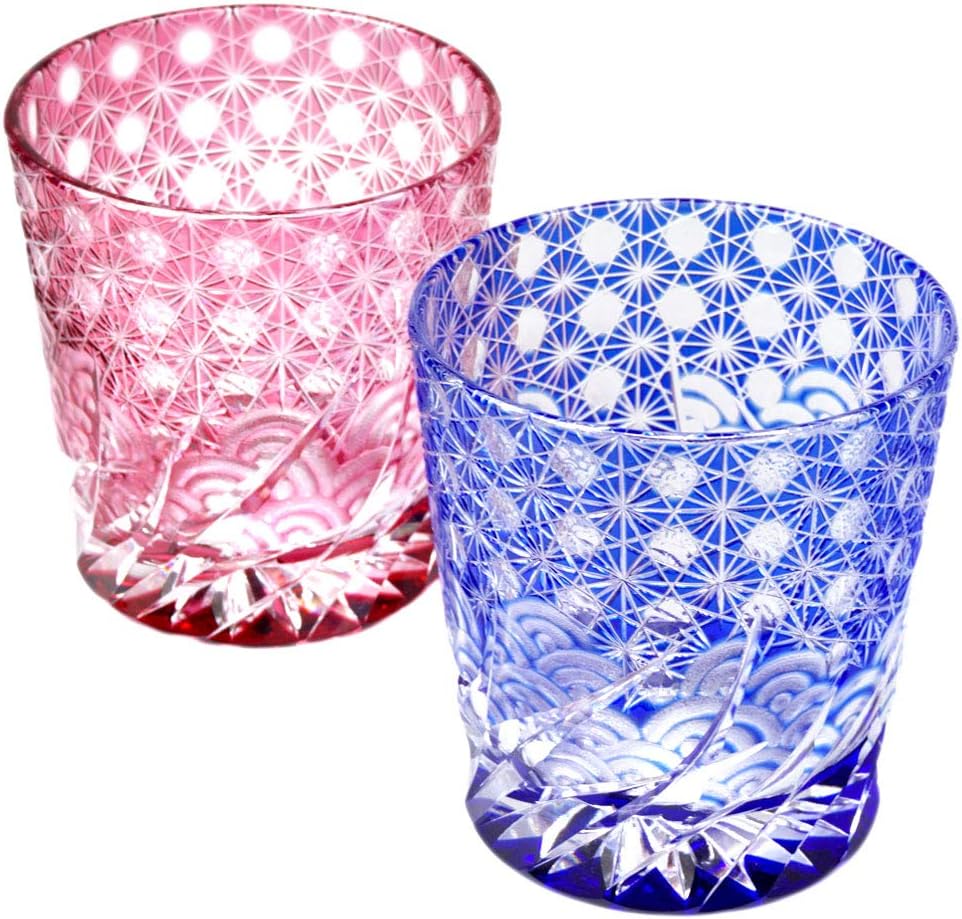 Set of 2 Crystal Double Old Fashioned Bar Glass 9.1oz Edo Kiriko Wave Pattern Design Cut Glass - Pink & Blue [Japanese Crafts Sakura]