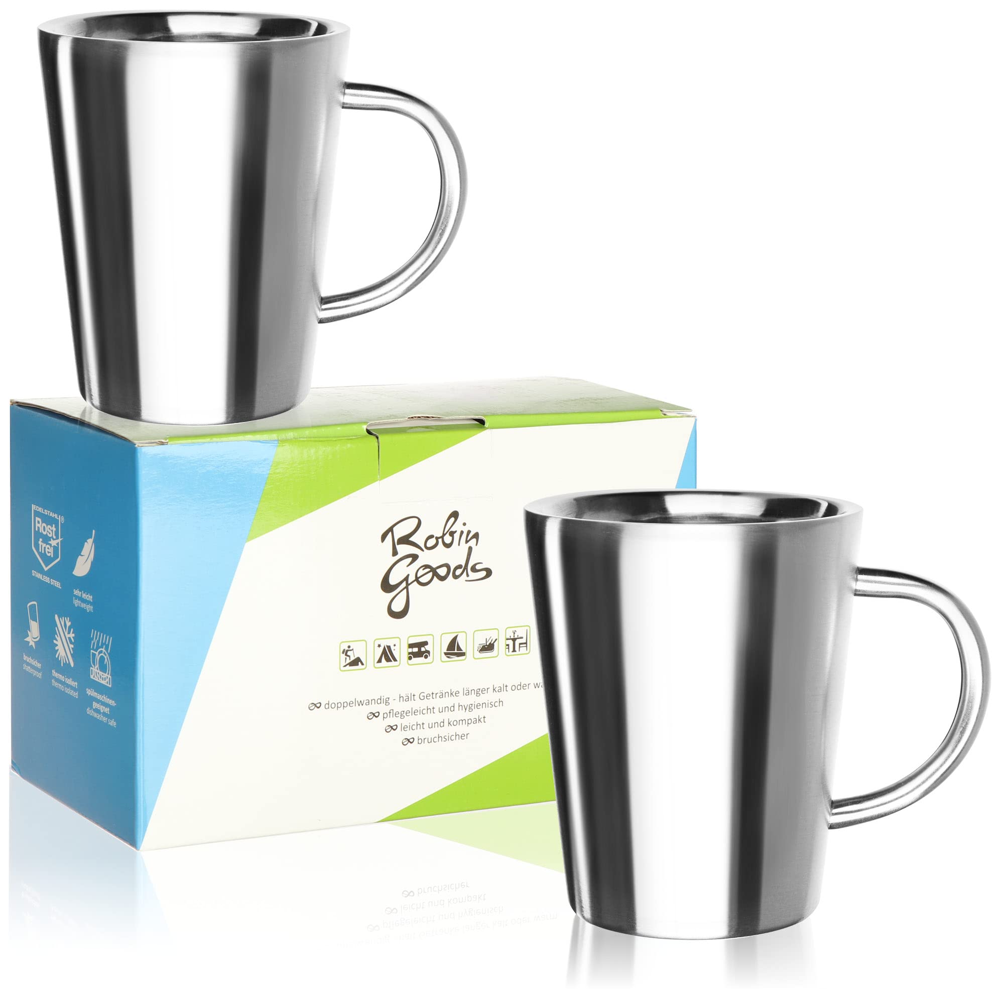 Robin Goods® 2X Stainless Steel Cups - 350ml Each Thermo Cup - Shatter-Proof Thermo Drinking Cup - Double-Walled Insulated Cup (02 Pieces - matt)