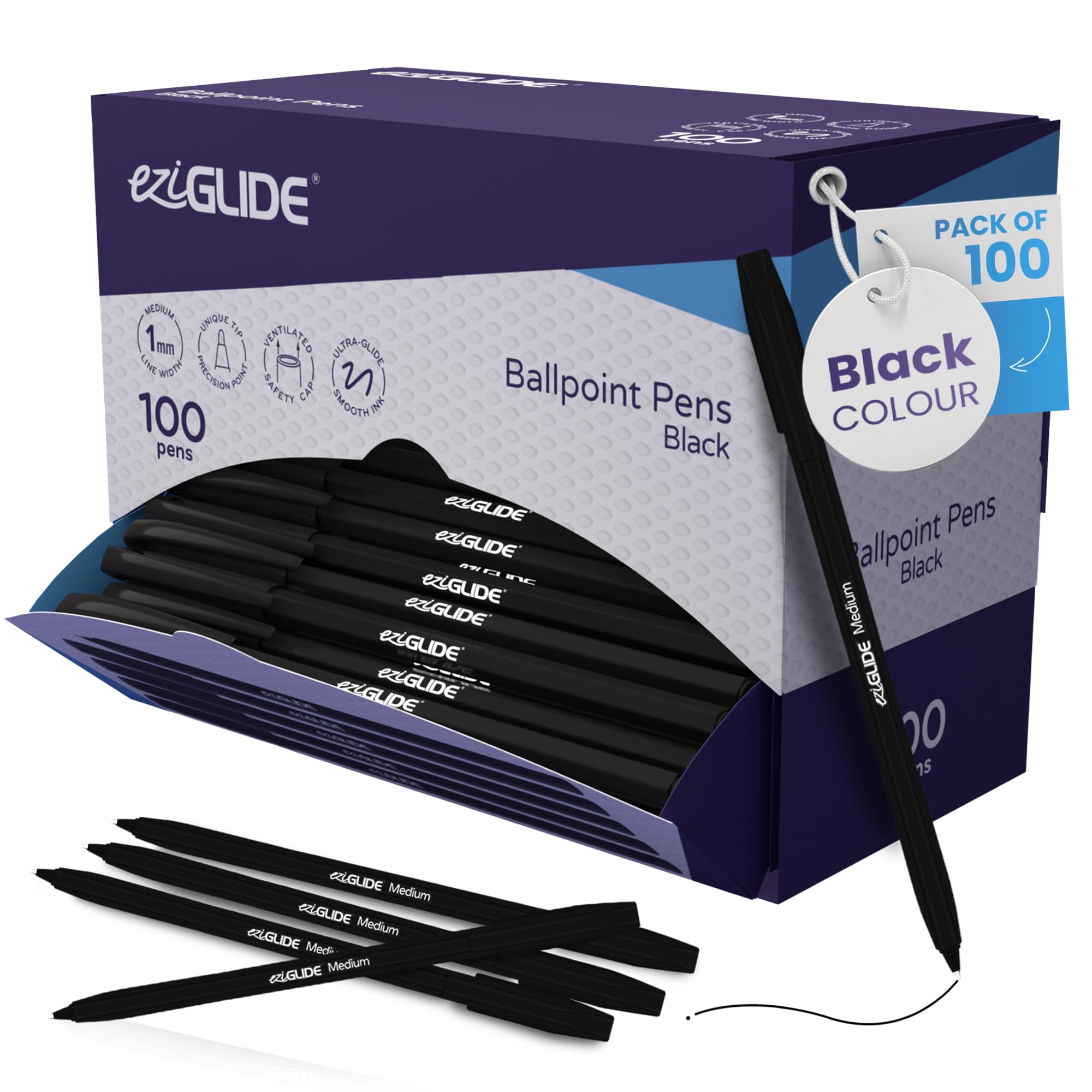 Eziglide Ballpoint Pens Black Ink 100-Pack – Medium Point (1.0mm) for Ultra-Smooth Writing & Consistent Ink Flow – Ideal for School, Exams, Home, Office & Work Stationery Supplies