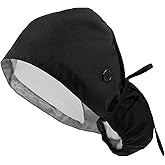 Gjinxi Scrub Caps Women Satin Lined Adjustable Surgical Caps for Women Working Cap with Button Scrub Cap Ponytail Cotton Nurse Hat with Ponytail Holder, Moisture Wicking Sweatband, One Size, Black