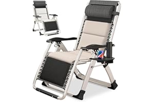 NAIZEA Padded Zero Gravity Chair, Folding Outdoor Lounge Chairs, Adjustable Reclining Camping Chairs with Cup Holder, Ergonomic Patio Lawn Chair for Balcony Beach Deck Yard