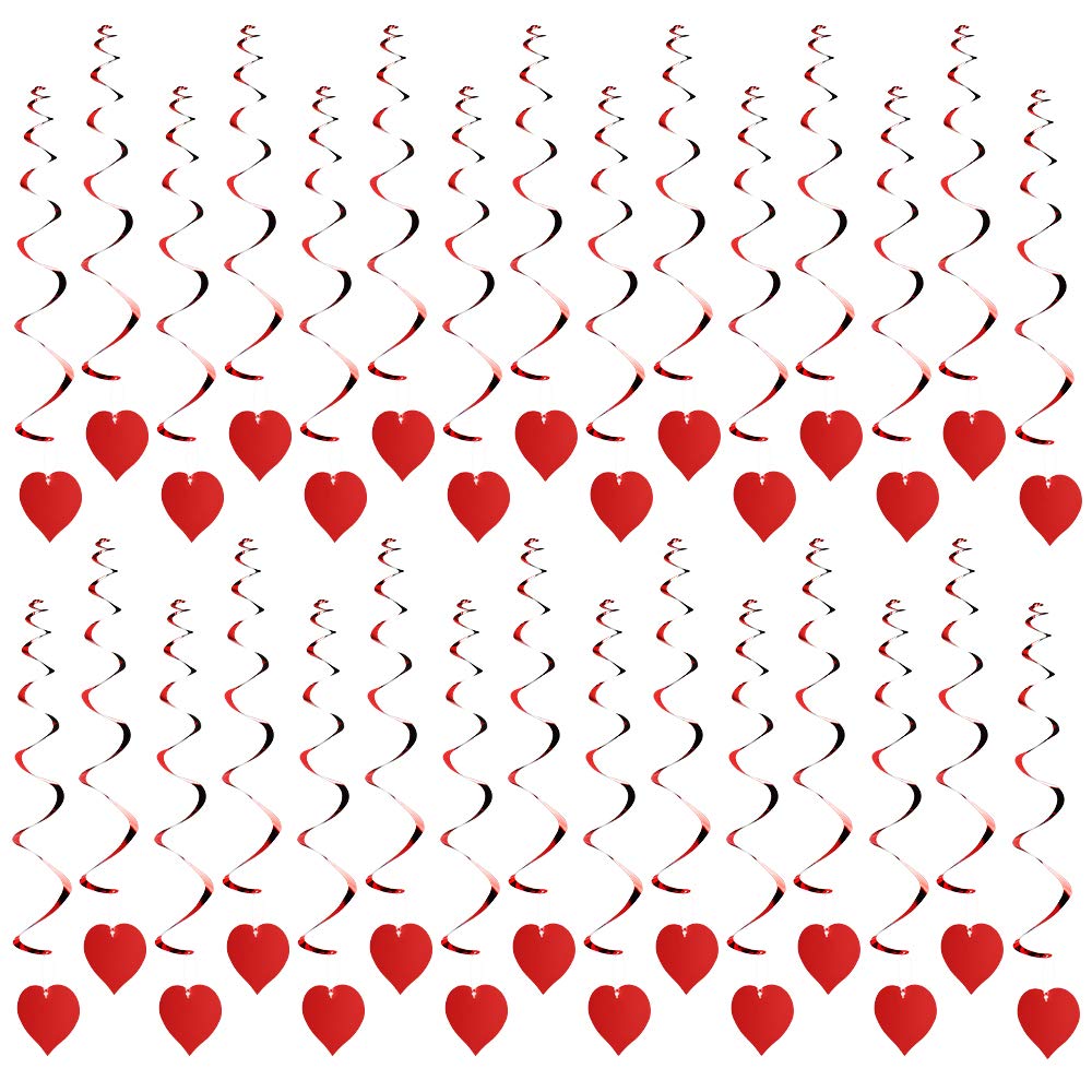 Dadabig 30 PCS Hanging Heart Swirls, Red heart Swirl Ornaments Spiral Garland Banner Valentines Day Decorations for Xmas, Wedding, Birthday, Party Supplies