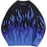 ZAFUL Mens Y2K Aesthetic Flame Graphic Casual Sweater Loose Knit Jumper Pullover Long Sleeve Crewneck Sweaters
