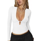 Hragc Women's Long Sleeve Deep V Neck Shirt Ribbed Knit Going Out Tops for Women Slim Fit Crop Trendy Y2k Casual Tight Shirts