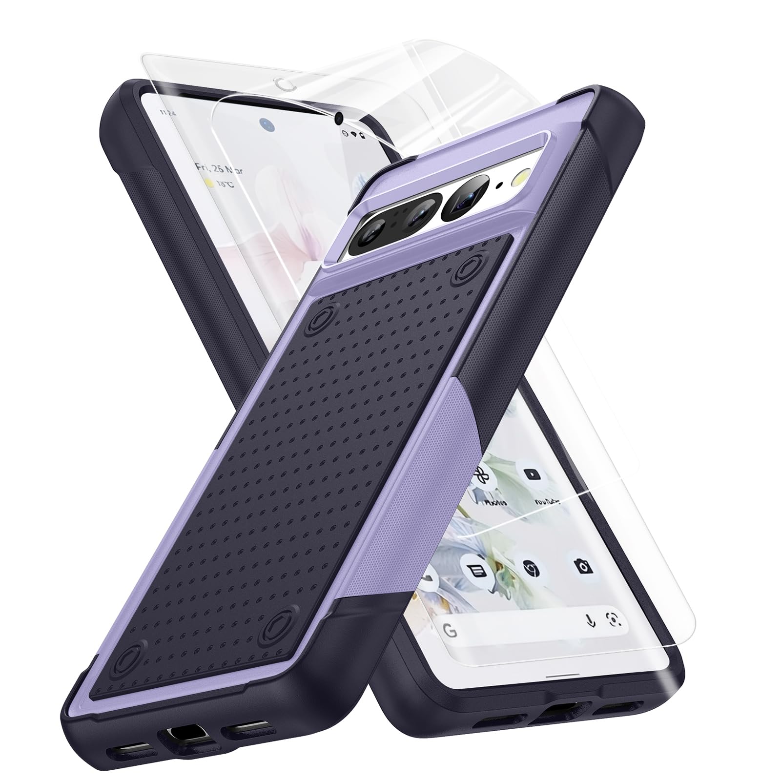 Jeylly for Google Pixel 7 Pro Case, Pixel 7 Pro Phone Case and 2 X HD Screen Protector Dual Layer Shockproof Protective Bumper Non Slip Texture Hard Back Heavy Duty Rugged Cover, Purple — image 1