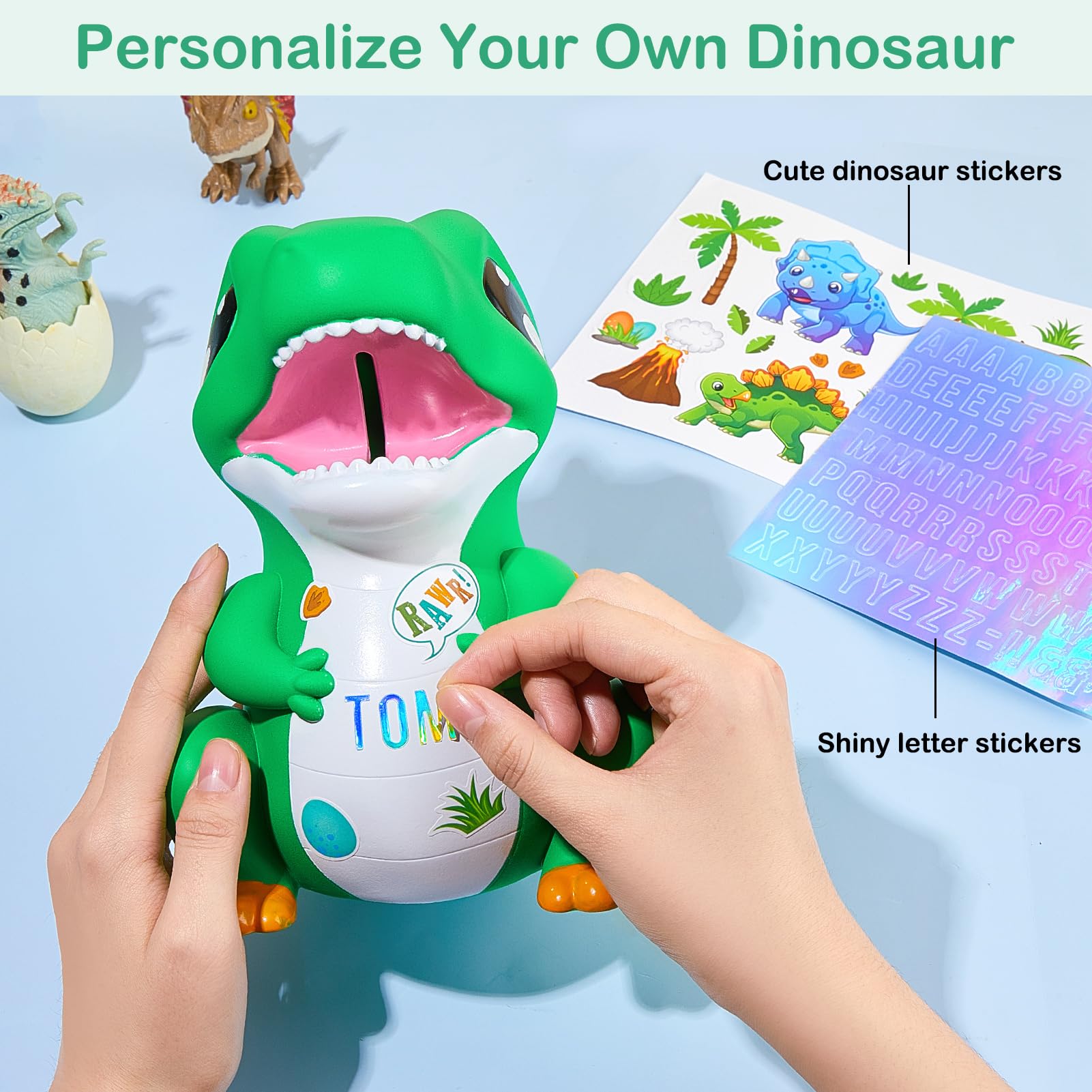 Dinosaur Piggy Bank for Kids Unbreakable Money Coin Bank for Boys Girls with DIY Stickers,Toddler Gifts for Birthday,Easter,Baby Shower,Green