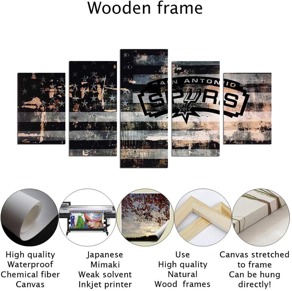 Basketball San Antonio Spurs HD 5PCS Canvas Prints Home Decor Wall Art Poster Living Room Art Work Painting Bedroom Wall Picture (20x30x2p+20x45x2p+20x60cmx1p,Wooden Frame)