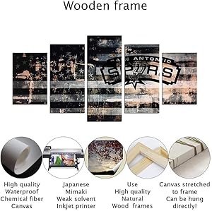 Basketball San Antonio Spurs HD 5PCS Canvas Prints Home Decor Wall Art Poster Living Room Art Work Painting Bedroom Wall Picture (20x30x2p+20x45x2p+20x60cmx1p,Wooden Frame)