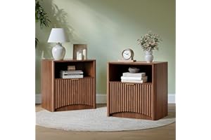 Evermagin Fluted Nightstand Set of 2, Walnut Bedside Table with Drawer and Storage, Wood End Table Mid Century Modern, Large Night Stand for Bedroom