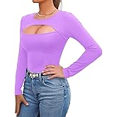 Afibi Women's Cutout Tops Basic Long Sleeve Round Neck Slim Fit T-Shirts