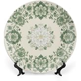 Fanjanmey Flowers Theme Decorative Ceramic Plate Round Porcelain Plate,6 inch,Botanical Watercolor Pattern,for Decorative Ornaments Giving Plates,1 Plate with 1 Display Stand,Green White