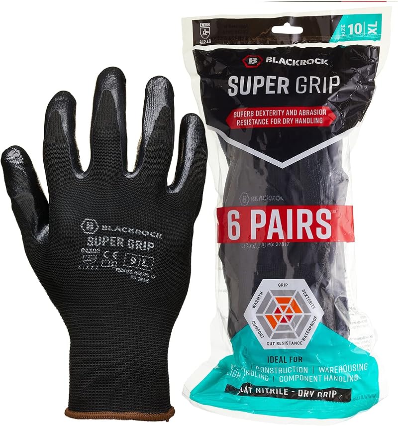 Blackrock Pack of 6 Super Grip Work Gloves Black Nitrile Size 9 Large