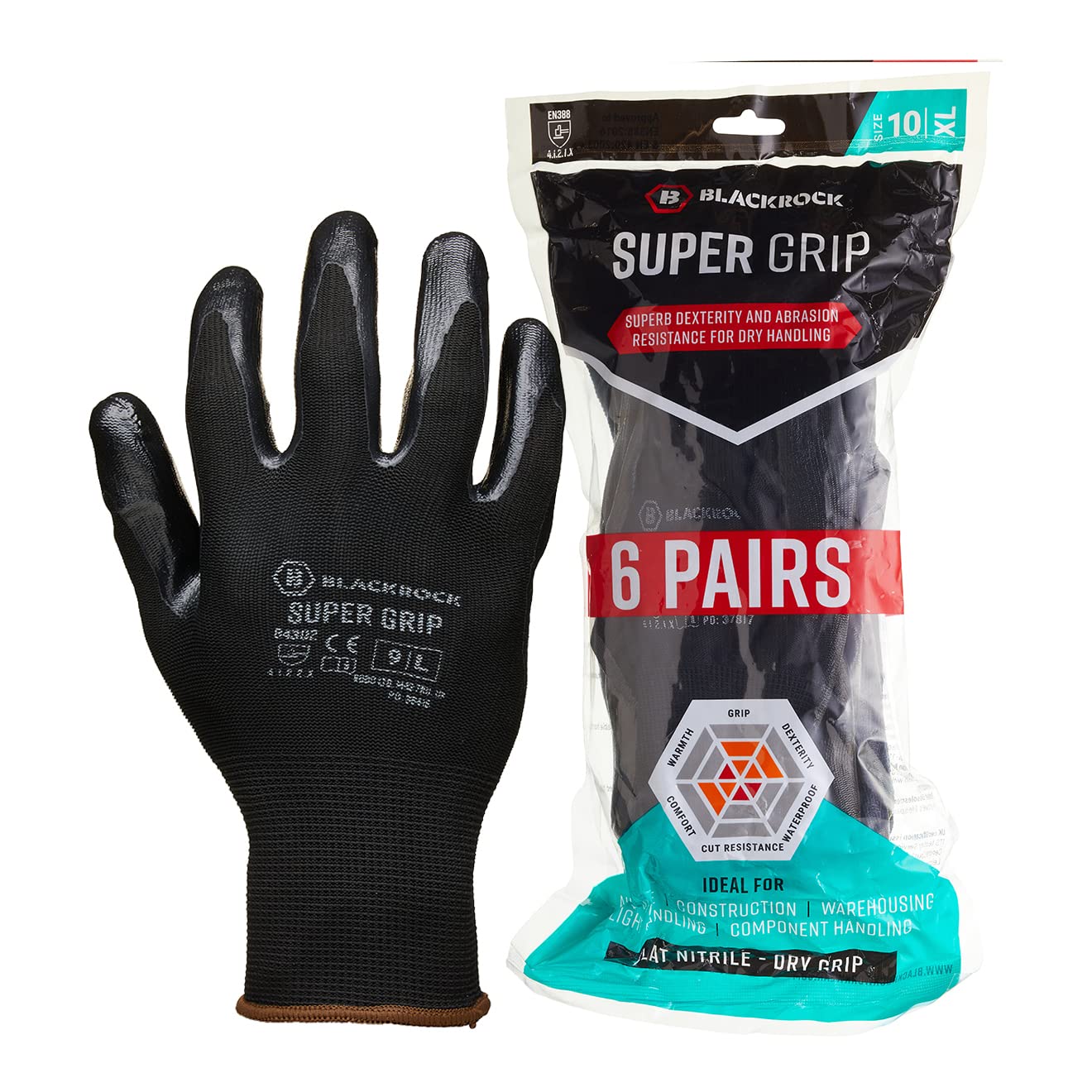 Blackrock Pack of 6 Super Grip Work Gloves, Black Nitrile, Men and Women, Roofing, Warehouse, Thin, DIY, Gardening, Outdoor, Safety Work Gloves - Size 9/Large