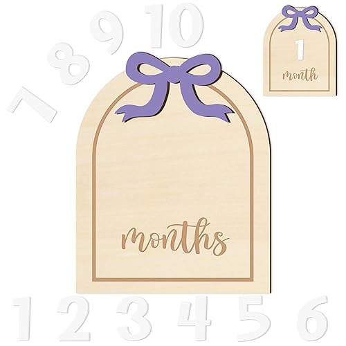 R HORSE Baby Monthly Milestone Cards, 3D Purple Bow Wooden Monthly Milestone Discs with Number Cards, Baby Months Signs Announcement Newborn Photography Props Baby Shower Christmas Gifts for Boy Girl