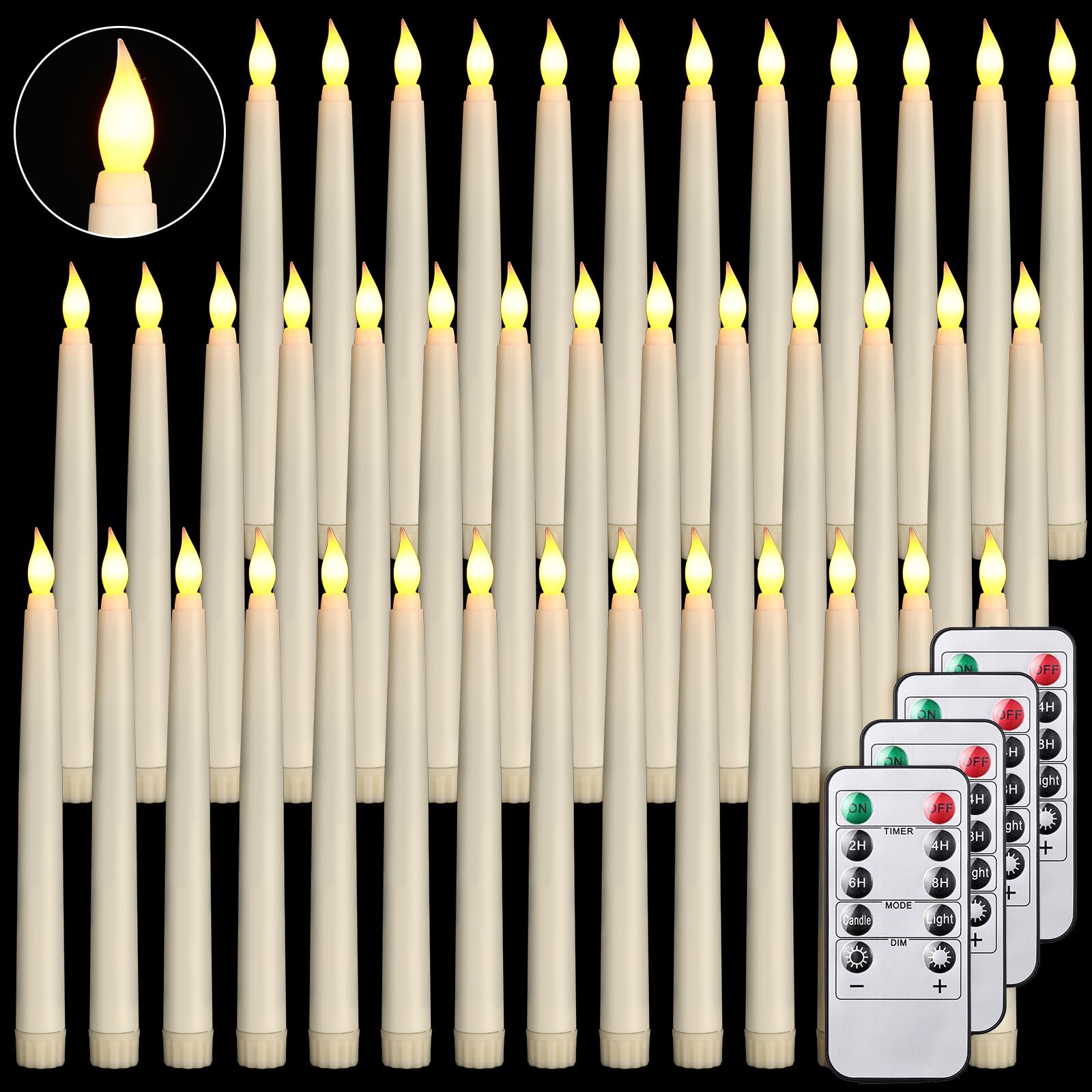 Photo 1 of Tuanse 50 Pcs Flameless Taper Candles with Remote Timer and Dimmer Ivory Battery Operated CandleSticks LED Flickering Flameless Candle for Wedding Home Christmas Halloween Party Decor (8.5 Inch)