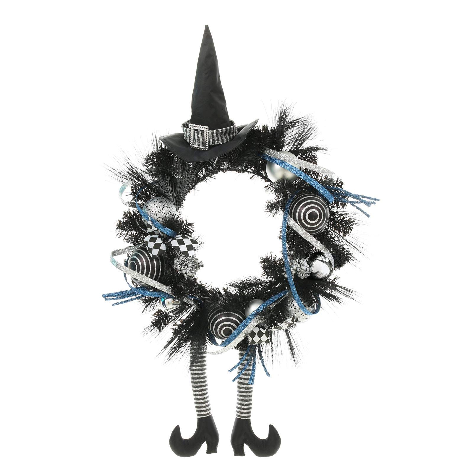 XS-Stock Novelty Silver Witch Halloween Wreath Hanging Decoration With Glittery Silver & Blue Baubles 24 inches