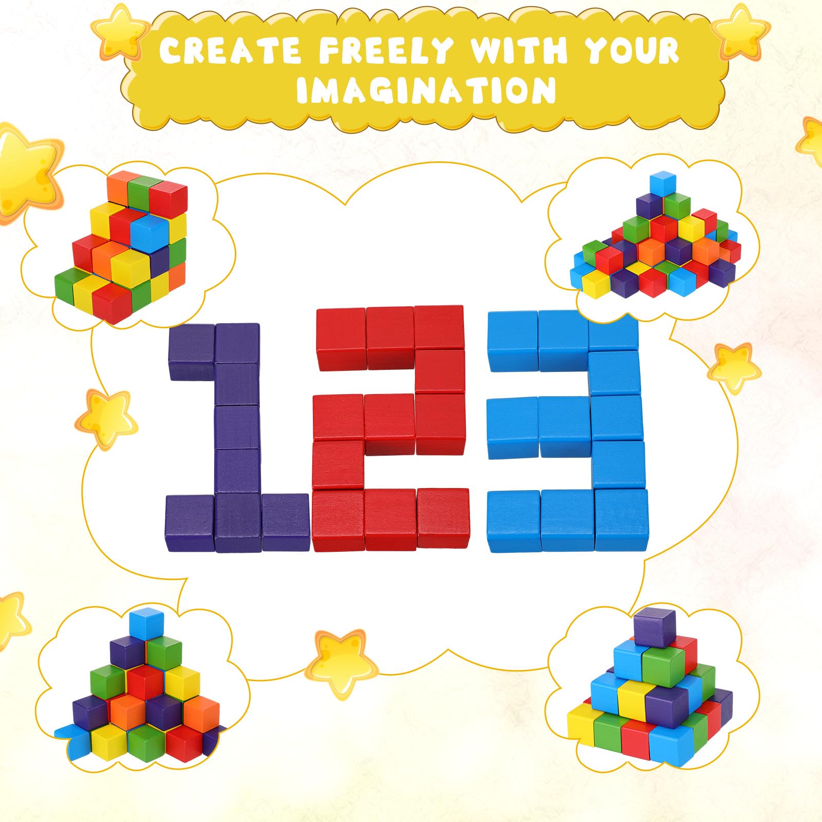 Libima 100 Pcs 1.2 Inch Wooden Building Blocks Stacking Game, Rainbow Wood Blocks Set Square Colorful Wooden Cubes Counting Large Learning Educational Toys for Math Boys Girls