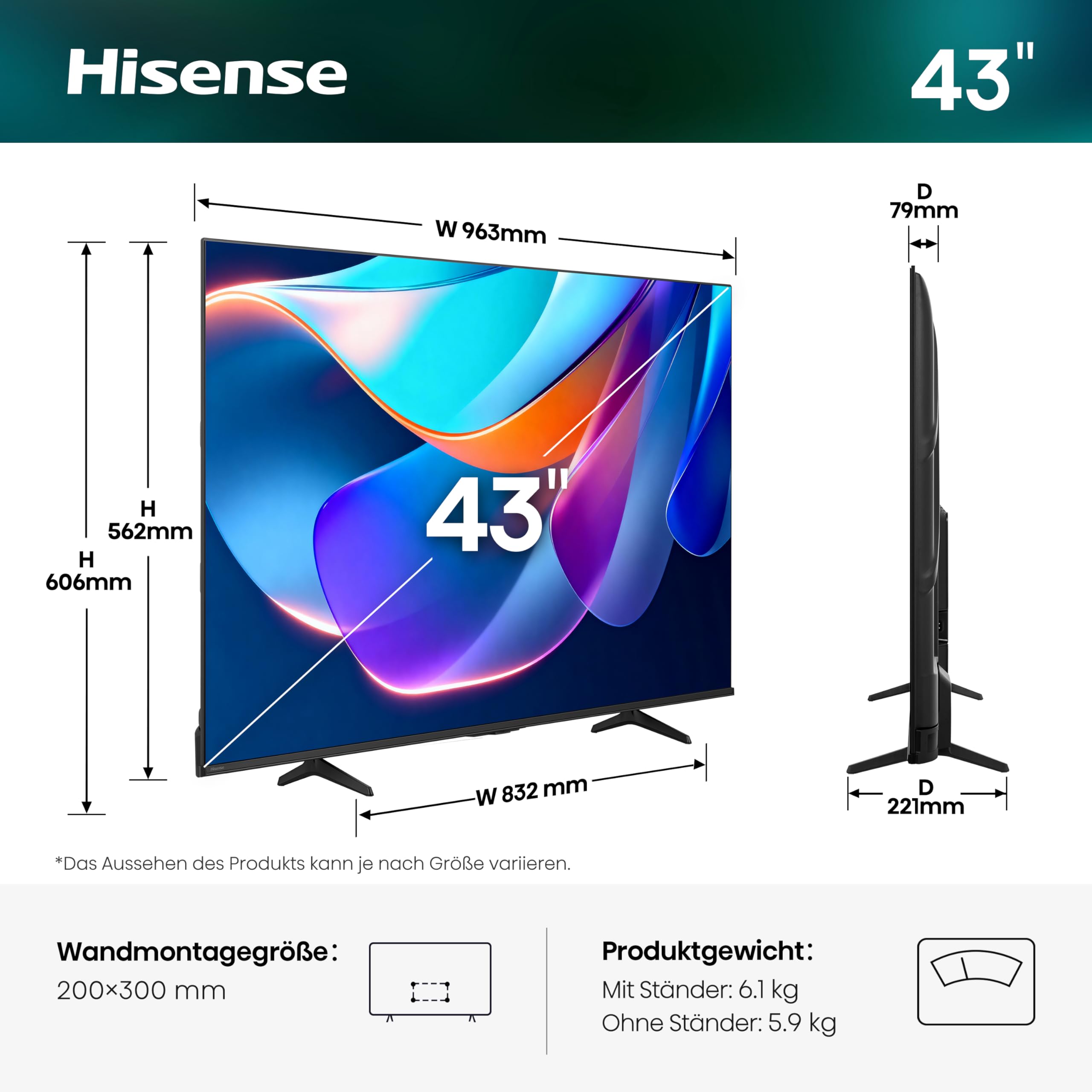 Hisense 43E6DS Fernseher 43 Zoll, 4K UHD Smart TV, Hi-View AI Engine, 60Hz Game Mode Plus, Dolby Vision, AI 4K Upscaler, DTS Virtual: X, AI Smooth Motion, Airplay, Sprachsteuerung[2026] 2
