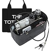 Doxo Purse Organizer Insert Compatiable with Medium Tote Bag, Lightweight YKK Zipper Tote Organizer with Handle/Elastic Cup Holder/Key Leash, 16 Pockets Bags Divider Shaper, Black/M