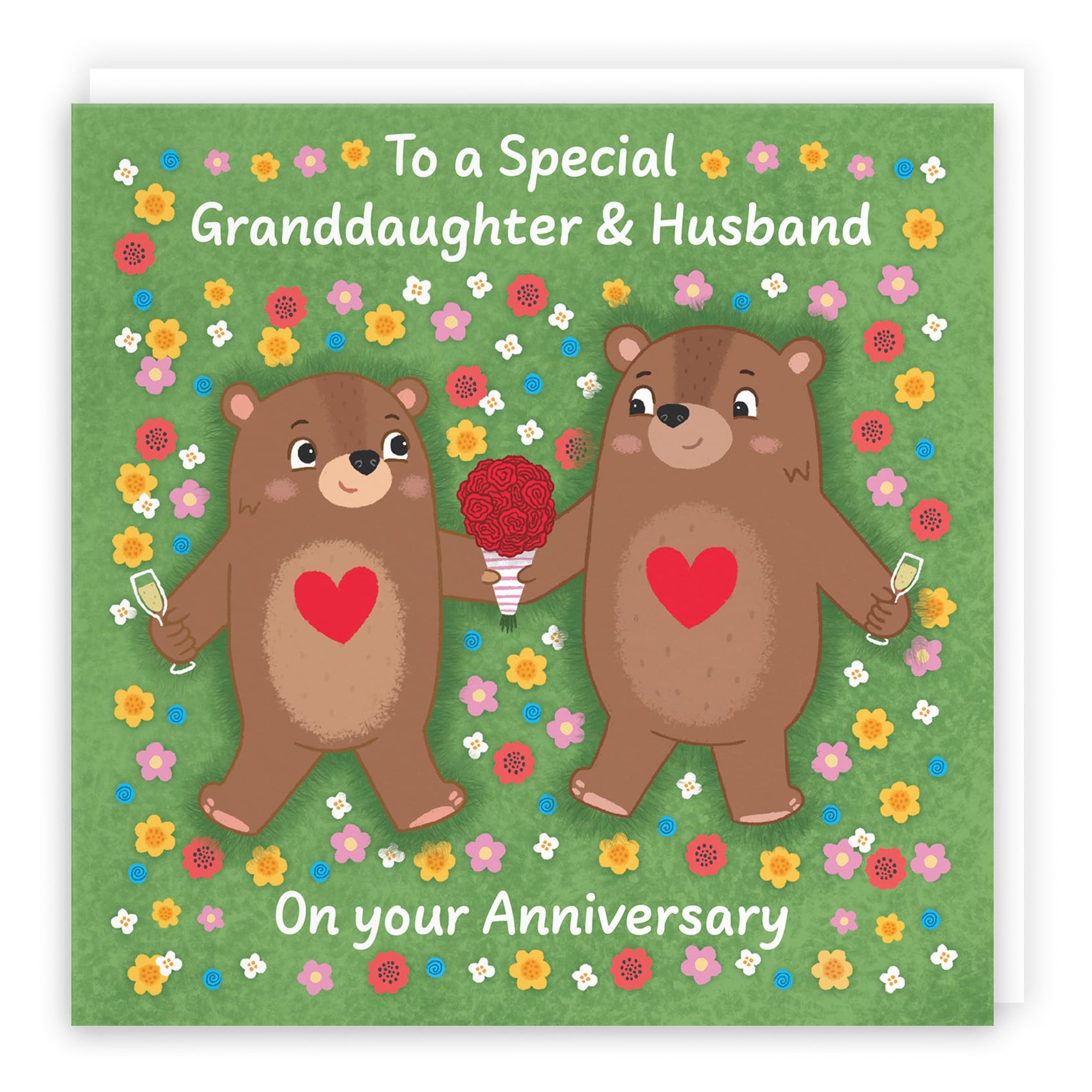 Hunts England - Cute Flowery Bears Granddaughter And Husband Anniversary Card - Fun Bears Anniversary Card - Love Story Collection