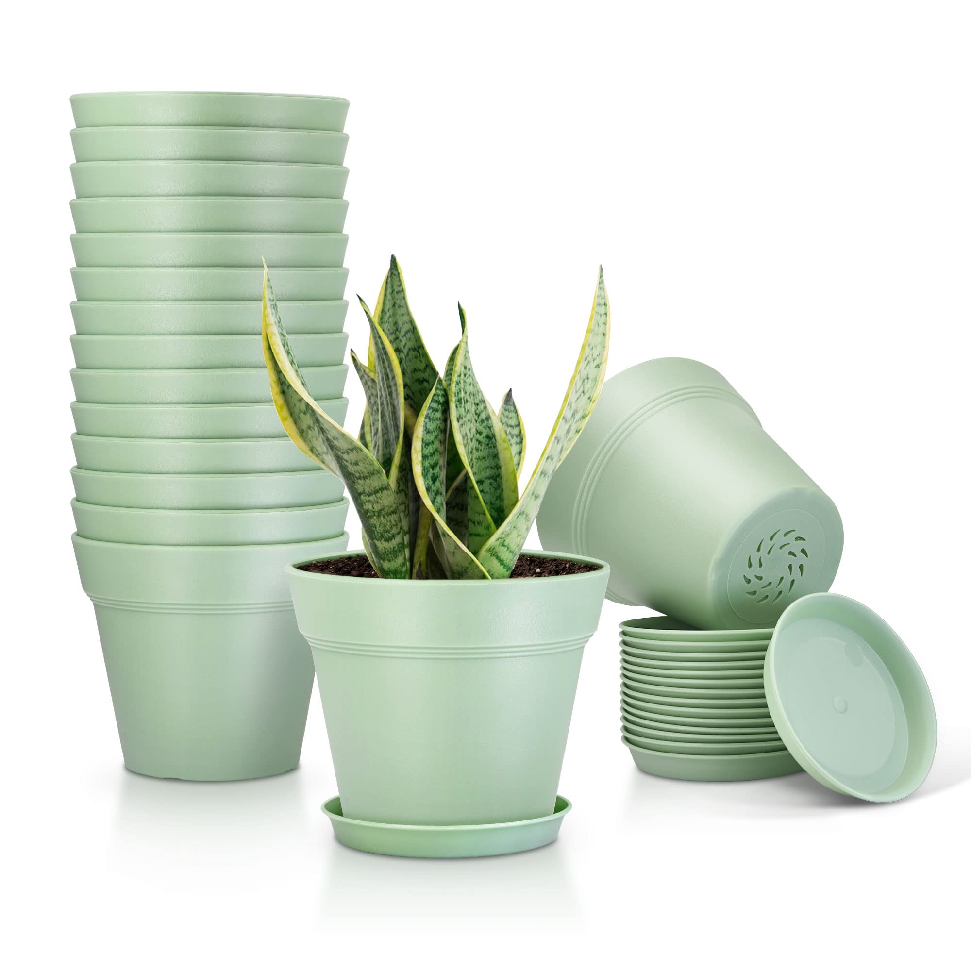 Photo 1 of 16 Pack Plastic Plant Pots with Drainage Holes and Tray, 4 inch Thickened Indoor Planters Seedlings Nursery Pots for Flowers, African Violet, Succulent and All House Plants, Green