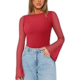 REORIA Women's Trendy Sexy Boat Neck Bell Sleeve Sheer Mesh Going Out Bodysuit Tops