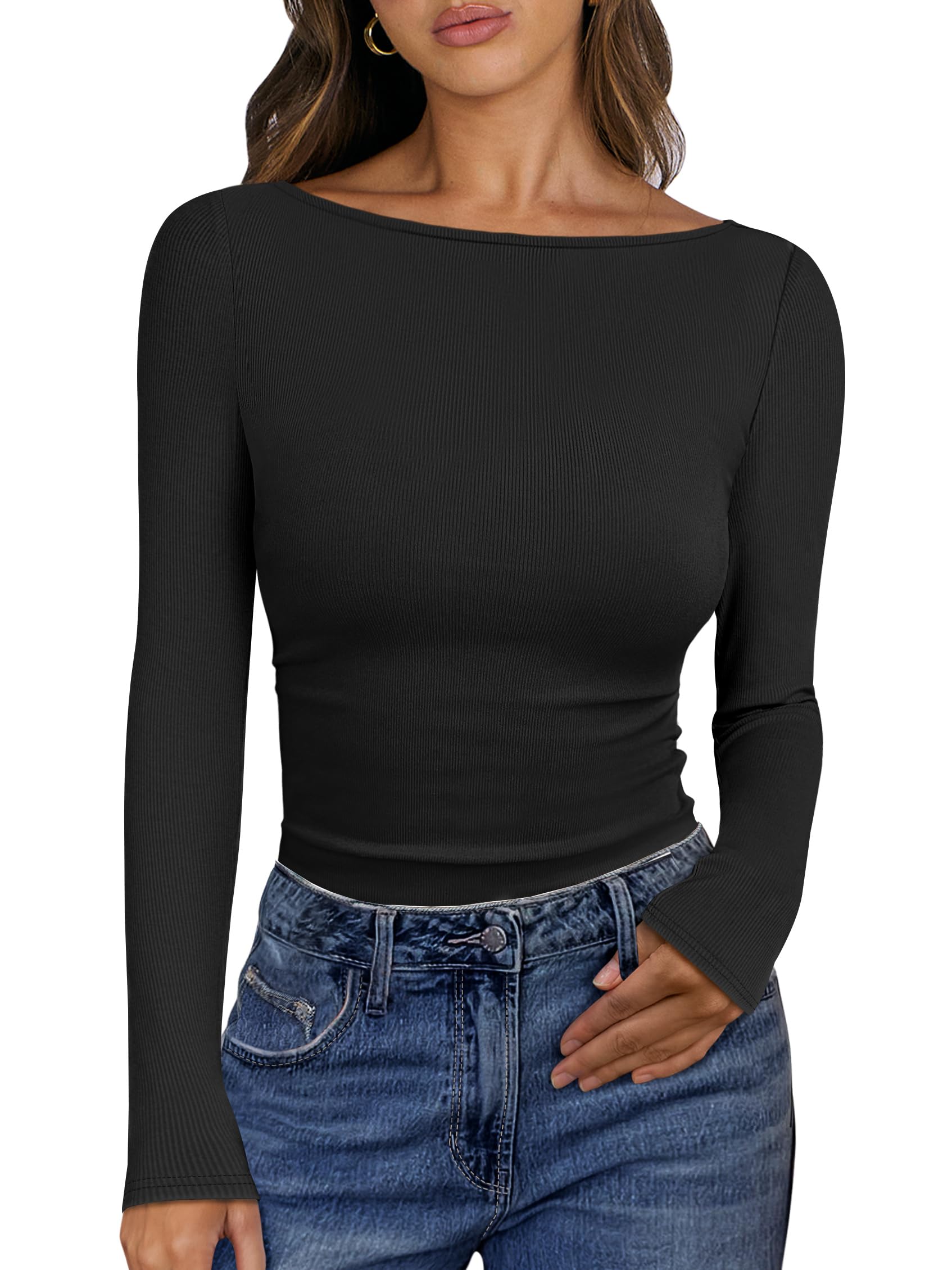 Photo 1 of ANRABESS Women's Boat Neck Long Sleeve Shirts Rib Knit Slim Fitting Tops Basic Tees 2025 Casual Comfy Fall Outfits Clothes Black Medium