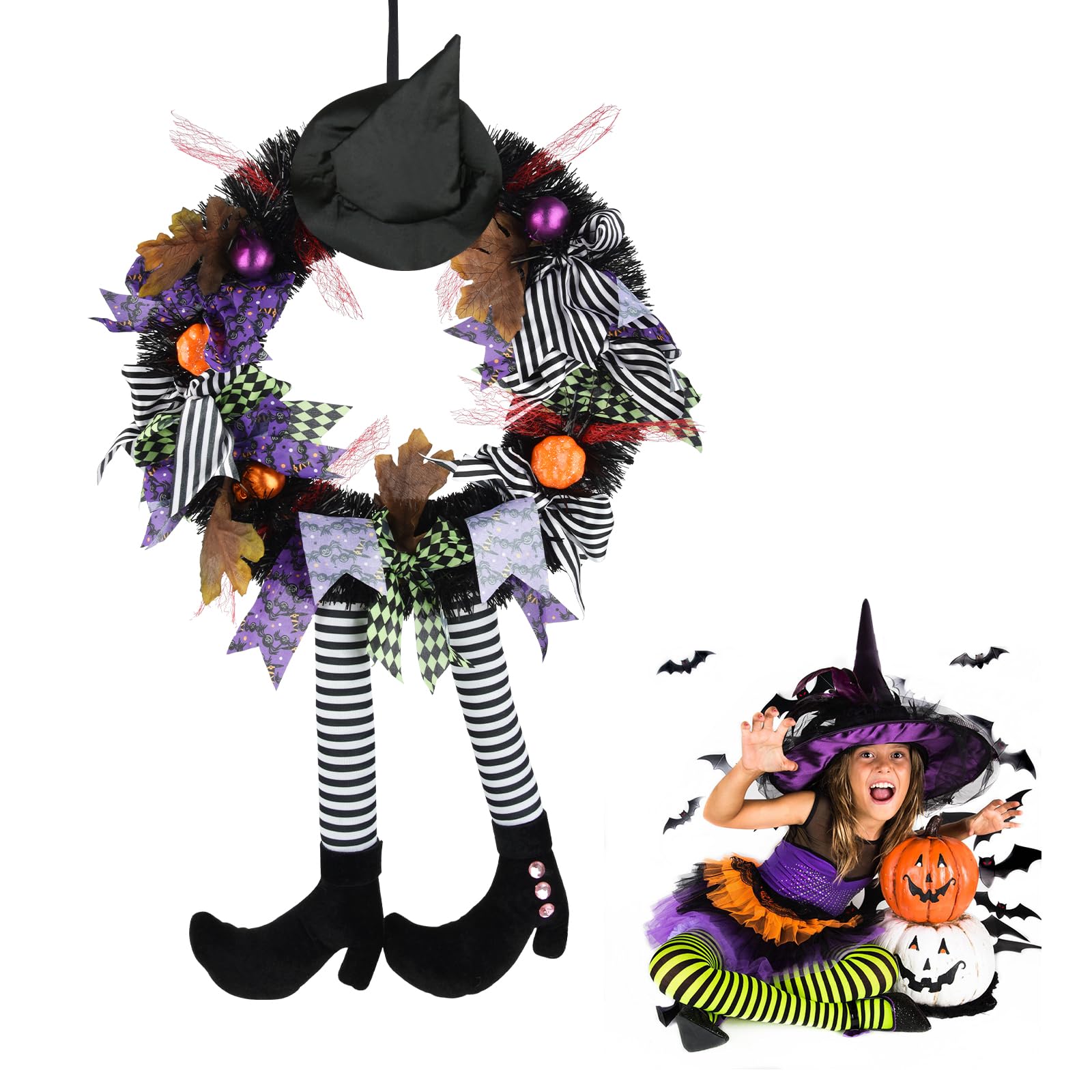Halloween Wreaths for Front Door, Halloween Witch Wreath with Hat Witches Legs Pumpkin, Halloween Door Wreath Black Witch Wreath for Door,Porch,Window,Indoor and Outdoor Decor