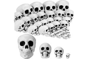 Foilswirl 50 Pieces Halloween Skulls Realistic Looking Skeleton Heads Plastic Human Skeleton Skulls Decors Crafts for Halloween Spooky Party Decors Bar Home Table Ornaments, 4 Sizes