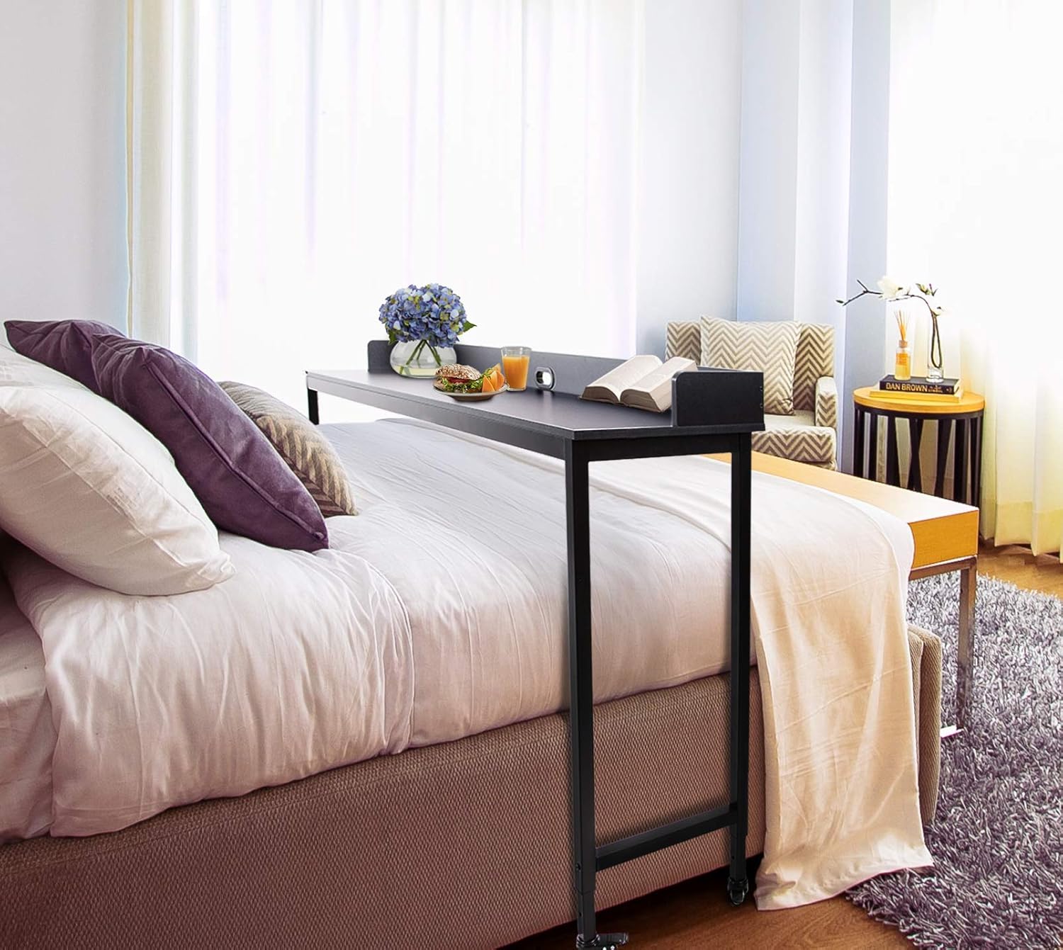 Joy Overbed Table with Wheels | Height Adjustable Rolling Bed Desk for Full/Queen Beds | Mobile Multi-Functional Table | Great for Bedroom, Dining Room, Living Room (Height: 40" - 46" / Black): Kitchen & Dining