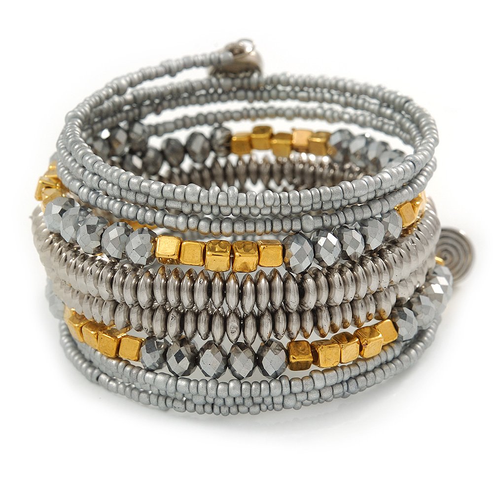 Avalaya Metallic Silver Glass, Silver & Gold Tone Acrylic Bead Coiled Flex Bracelet - Adjustable