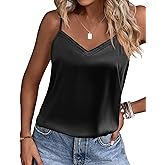 Ekouaer Women's Lace Silk Satin Pajama Tank Tops V Neck Camisole Soft Spaghetti Strap Tops Loose Sleepwear S-3XL