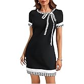 winkbay Women's Houndstooth Print Tie Front Dress Crew Neck Short Sleeve Color Block Business Mini Dresses