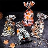 200pcs Halloween Treat Bags, Halloween Candy Bags for Trick or Treat with Twists, Cute Cellophane Goodie Bag for Party Suppli