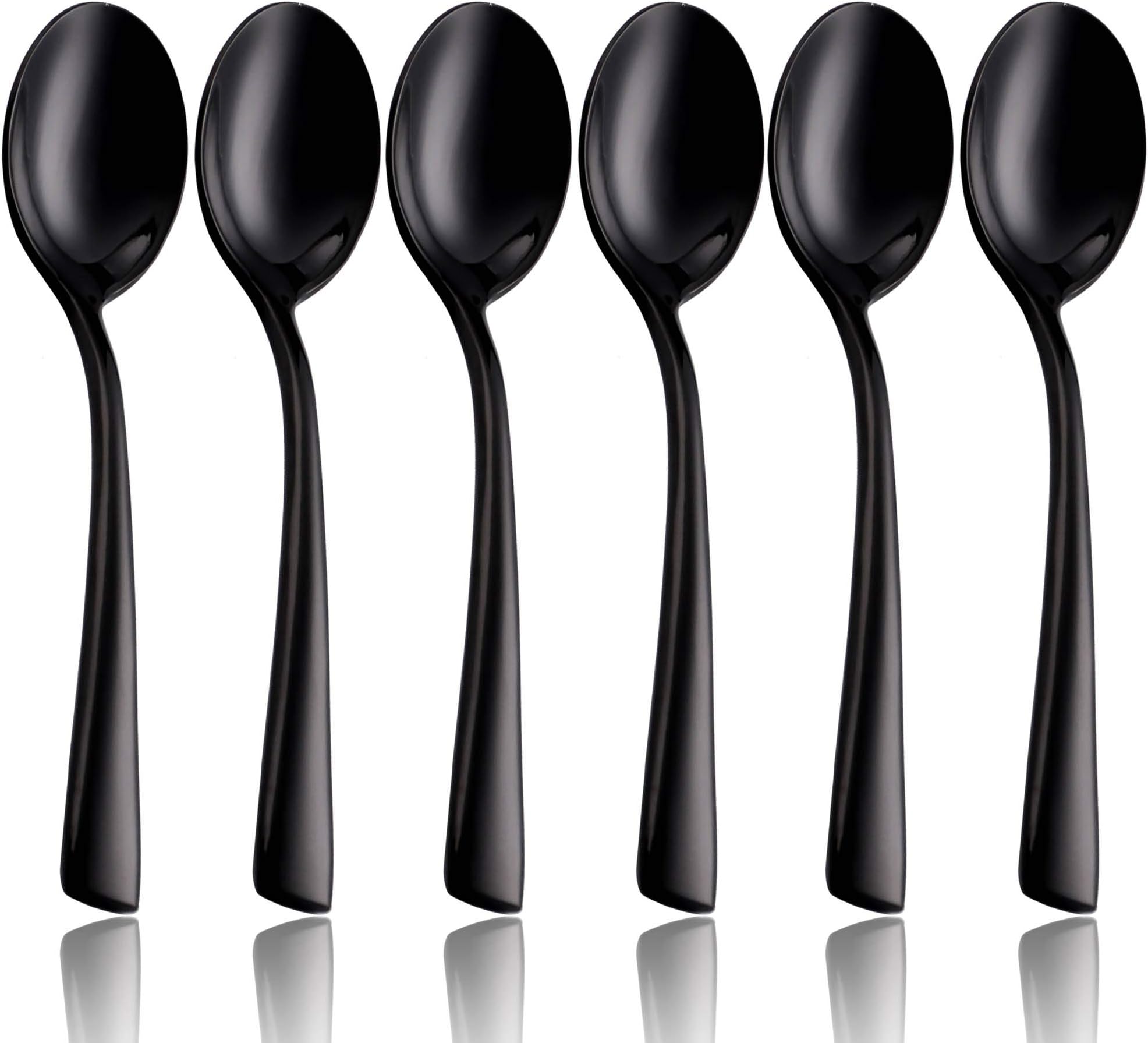 Coffee Spoon Set Black 6 Piece 18/8 Stainless Steel 5 inch Teaspoon Dessert Spoons Demitasse Spoon Service for 6 Silverware Flatware Utensils Dinner Dishwasher Safe Mirror Polished by OMGard