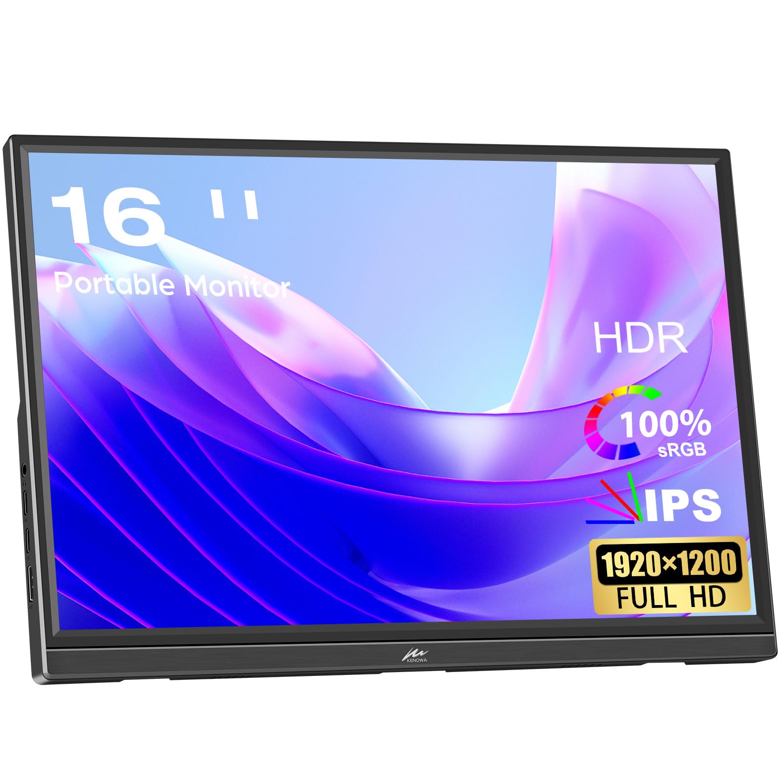 Portable Monitor 16 Inch Kenowa Full HD 1920x1200P Laptop Monitor with USB Type-C/HDMI Port Computer Display HDR External Screen for Laptop/Computer/Mac/PC/Phone/Xbox/PS4,Built-in Speakers