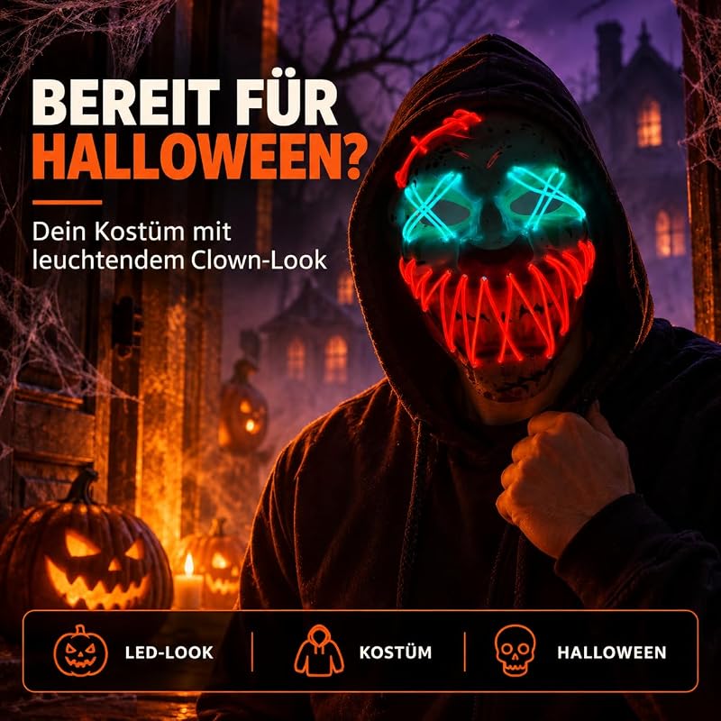 LED Halloween Clown Maske - wie aus Purge steuerbar, Gesicht leuchtend, für Halloween, Fasching & Karneval als Kostüm für Herren & Damen (Farbauswahl) (LED Horror Clown) — Foto 2 von 6