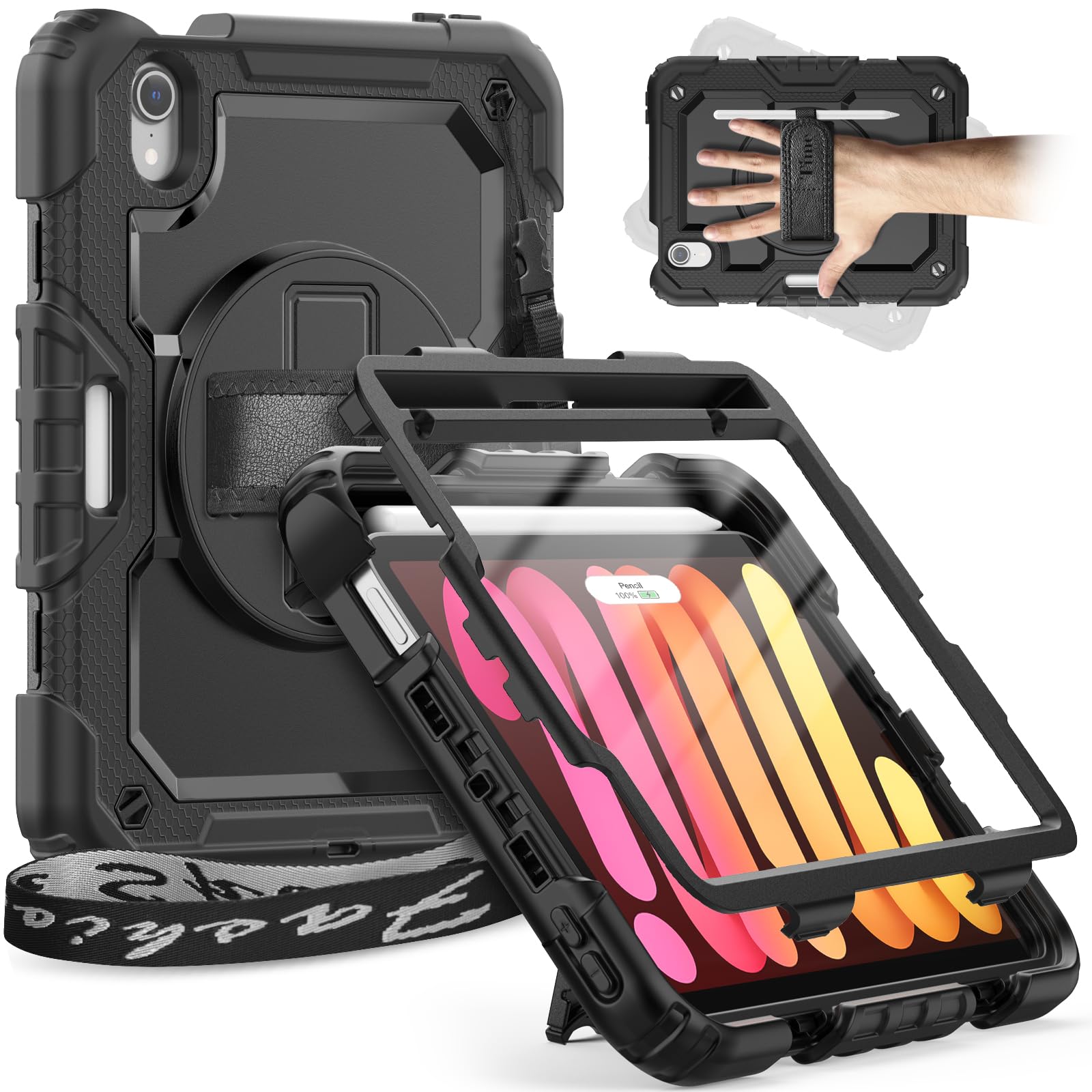 Timecity for iPad Mini (A17 Pro) 7/6 Case 8.3 Inch 2024/2021 - Heavy Duty Protective Cover with Screen Protector, Stand, Strap & Pencil Holder | Kids-Friendly, for iPad Mini 7th/ 6th Gen Case, Black