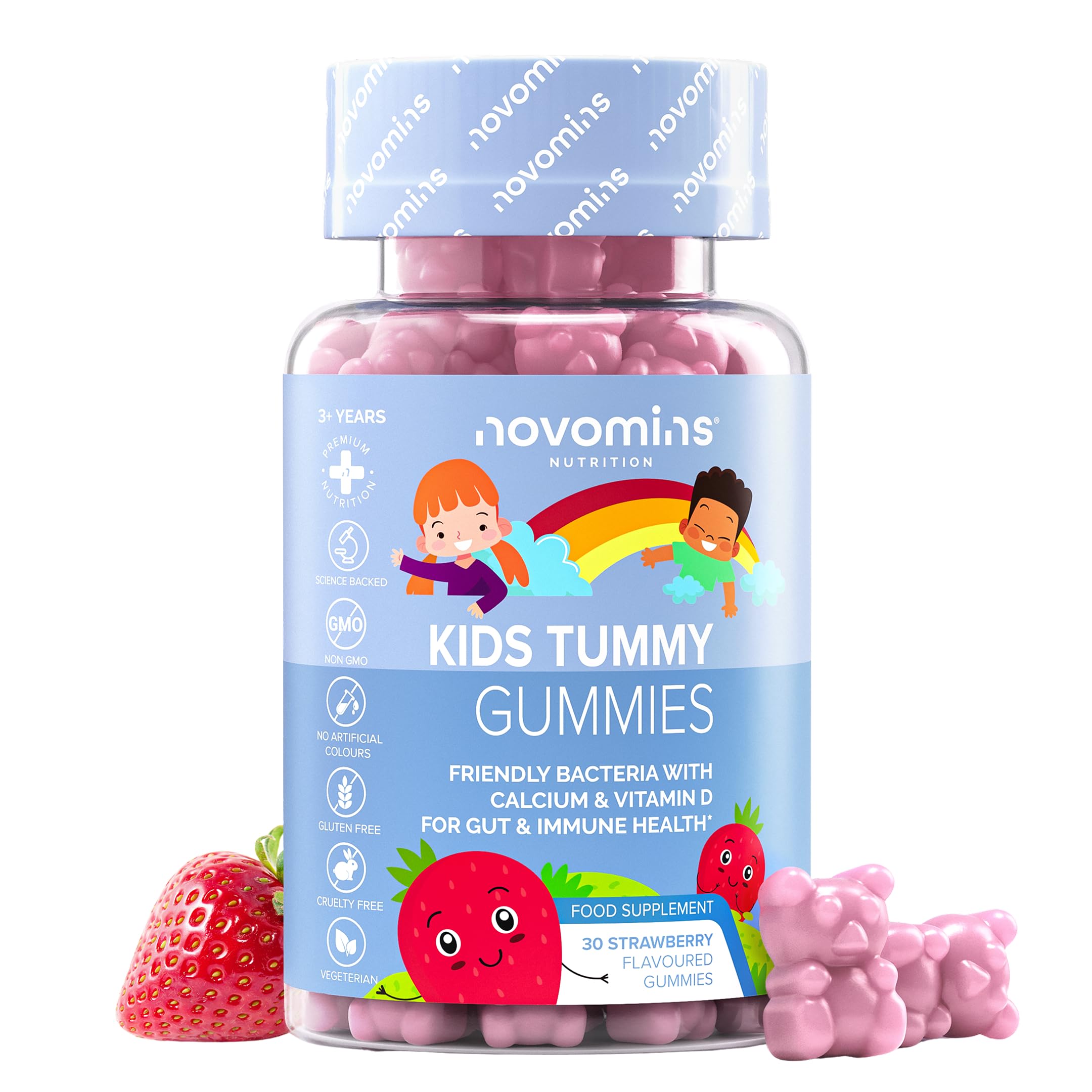 Kids Probiotic Gummies - 2 Billion Probiotics - 1 Month Supply - Kids Tummy Gummies - Includes Vitamin D & Calcium for Childrens Gut Health - Vegetarian Formula - 30 Gummies - by Novomins