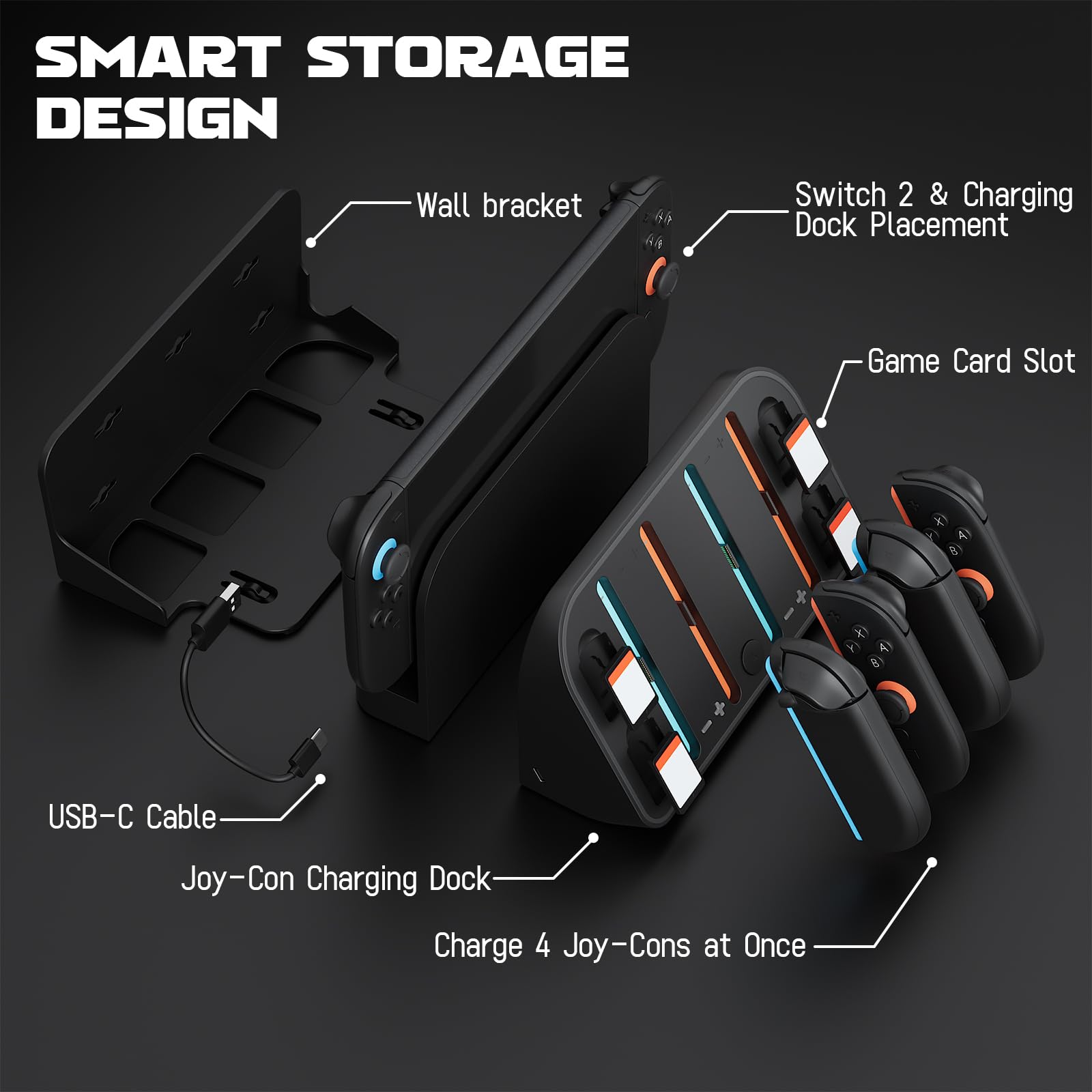 Hosanwell Switch 2 Wall Mount, RGB Light Wall Mount for Switch 2, 4 Joy-Cons Charging, 4 Game Slots,Black [nintendo_switch_2]